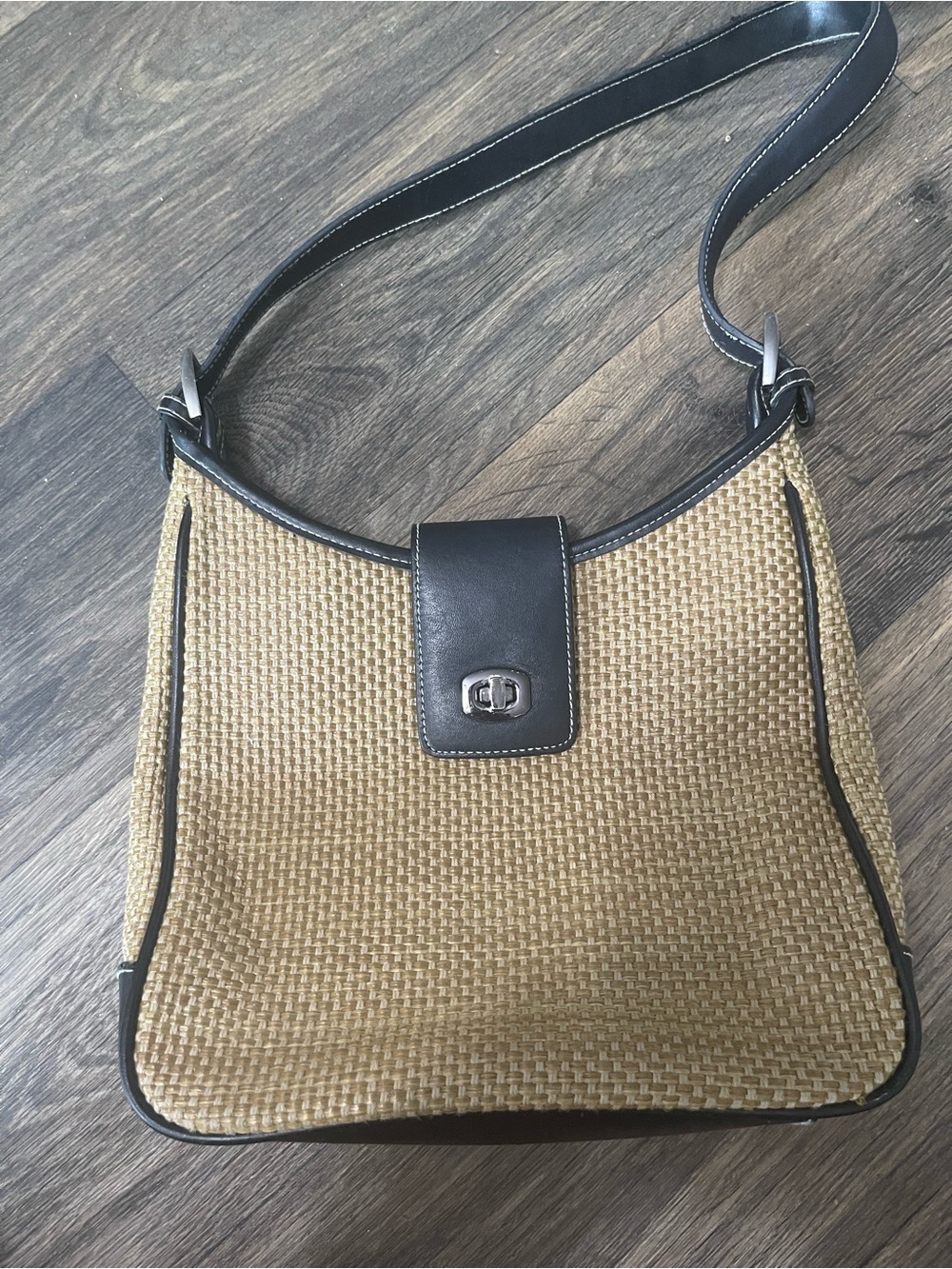 Vintage Lord & Taylor Basket Weave Hobo Bag - Black Leather Trim.
